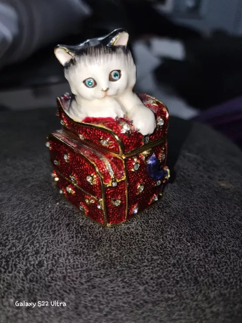 Adorable Jeweled Kitten Cat Kitty in A Suitcase Trinket Box
