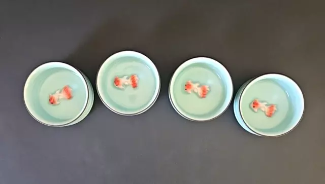 Celadon Porcelain Fish Tea Cups Set of 4 EUC
