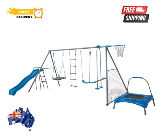 8 Station Swing Set With Trampoline and Slide Climb Kids Backyard Play Fun Safe