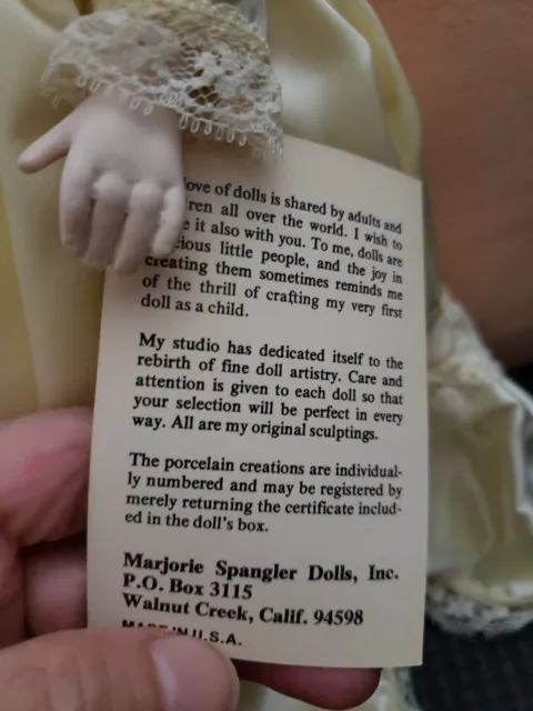 Marjorie Spangler Doll "Deborah" 15" Porcelain with tag, box all porcelain 1980 3