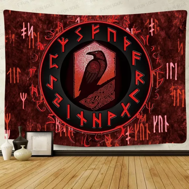 Viking Raven Tapestry  Art Wall Hanging Mysterious Meditation Psychedelic Runes