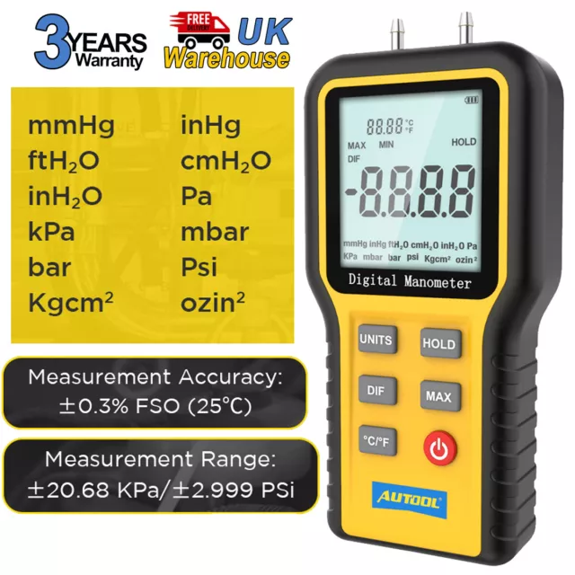 LCD Digital Manometer Differential Dual Port Air Pressure Meter HVAC Gas Tester