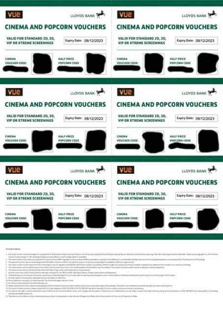 6 X Vue Cinema Tickets With Half Price Popcorn Vouchers. Expire 08/12/23