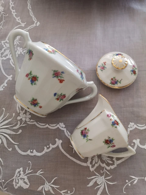 Lot Ancien Pot à Lait Et Sucrier En Porcelaine - Art Nouveau Fleuri - XIXe