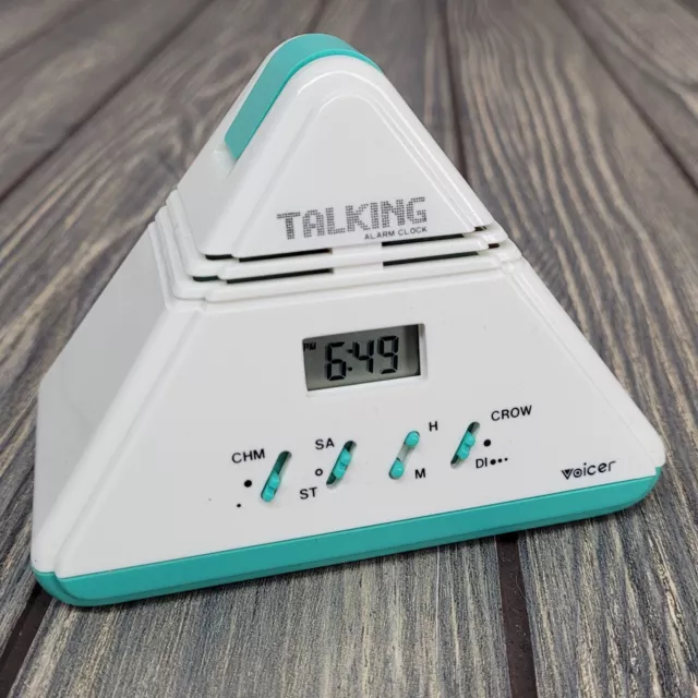 1980s Talking Alarm Clock Voicer MT-10 Robot Voice Pyramid Shape Teal/White EUC