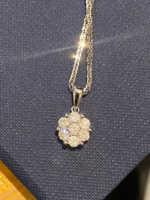 1.10ct Diamond Cluster Daisy Shaped Pendant in 18K White Gold on 18K Gold Chain