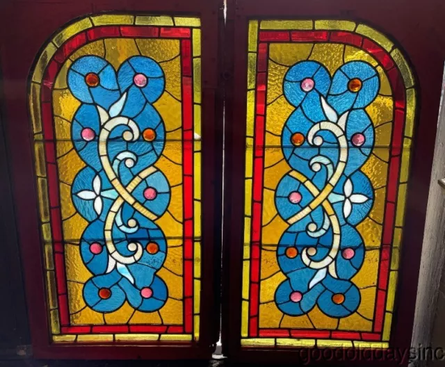 Pair of Antique Victorian Stained Leaded Glass Transom Windows / Sidelights