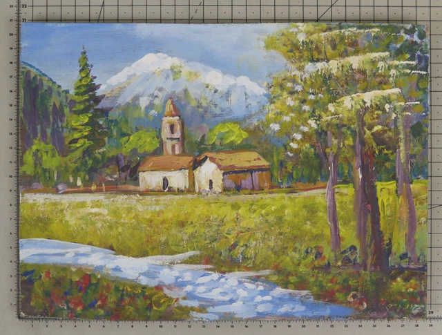 28x21 CM Viejo Cuadro Pintado Óleo En Mesa Paisaje Montaña Piedemonte X13
