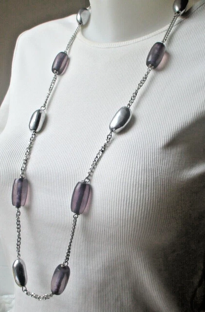 Grand Sautoir Collier Chaîne En Argent Massif Avec Perles - Bijou Vintage 19ème Siècle - Occasion