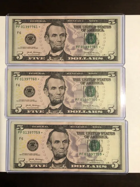 Lot Of 3 $5 2017A Star Atlanta Notes Consecutively Numbered Au/ Looking C Photos