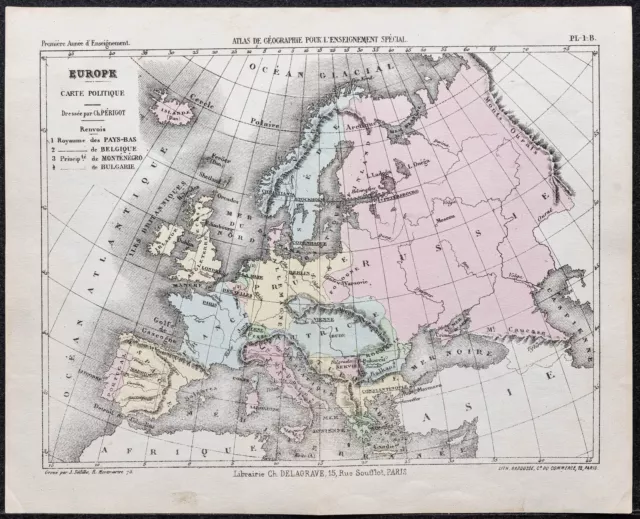 1866 - Carte politique de l'Europe - Carte géographique ancienne de Périgot