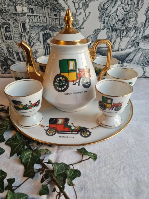 Ancienne Dinette Service à Café En Biscuit émaillé – Motif Fleuri, Vintage