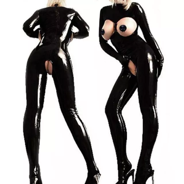 Women Wet Look Leather Catsuit Open Bust Bodysuit Open Crotch Jumpsuit Costumes