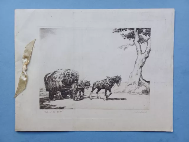 1938 Artist Drawn Christmas Card Heavy Horses Pulling Loaded Hay Cart