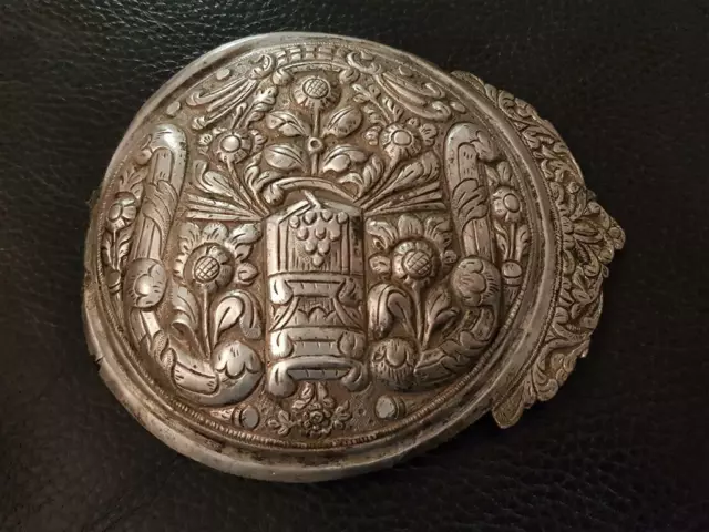 ANTIQUE LARGE Balkan Ottoman Hand forged engraved silver alloy buckle ornament