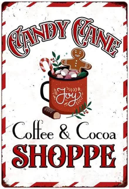 Candy Cane Coffee and Cocoa Shoppe Metal Tin Sign Farmhouse Decorations Vintage