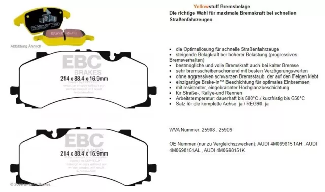 EBC Yellowstuff BREMSBELÄGE SATZ VORDERACHSE PASSEND FÜR AUDI A6 A7 A8 Q7 VW