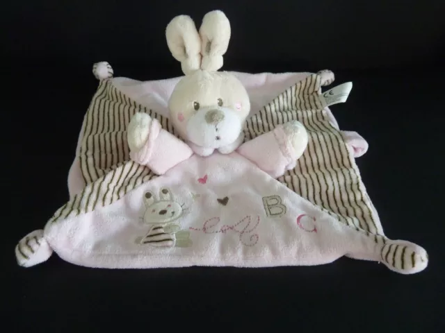 *. Doudou Plat Nicotoy Lapin Rose Raye Marron Vert Abc Attache Tetine Etat Neuf*
