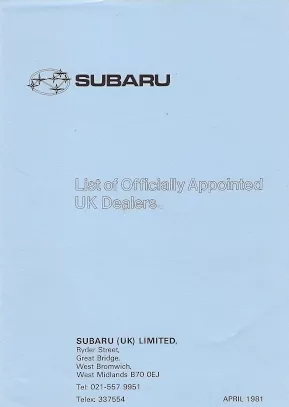 Subaru Dealer List 1981 UK Market Foldout Brochure
