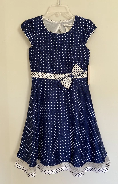 NWT Girls Easter Special Occasion Dress JONA MICHELLE Blue White Polka Dots 10