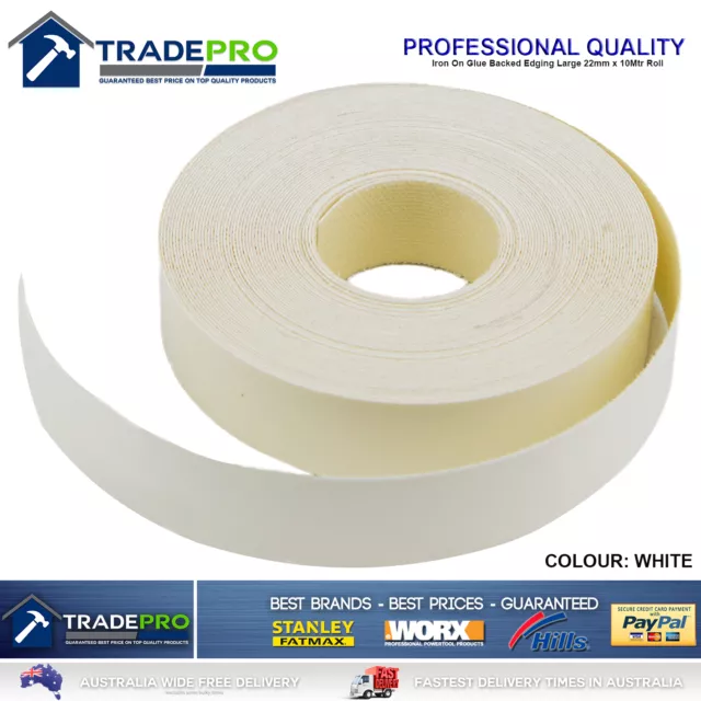 White Melamine Edge Tape 22mm x 10m ICON® Iron On Glued Veneer Edging Laminate