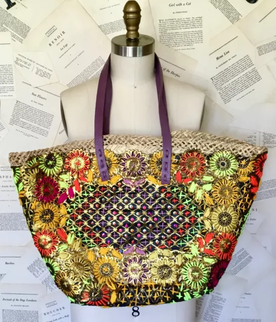 Anthropologie Violet Tote Bag House of Perna Straw Embroidered Leather Strap NEW 2