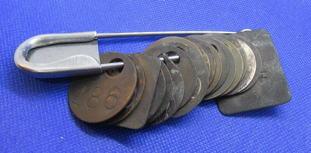 Antique Coal Mining Giant Clothes Pin W/ 20 Brass Check Tags I.d Mine Badges
