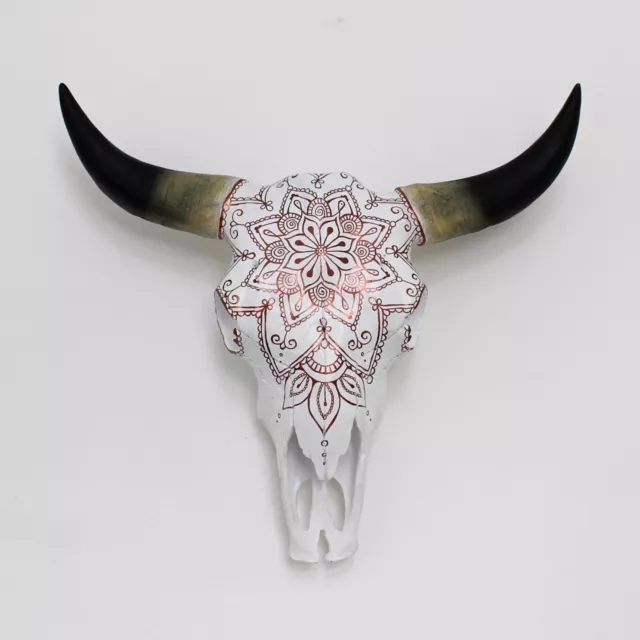 White Faux Cow Skull Metallic Mandala Pattern 3 sizes Wall Bull Horn Head Boho