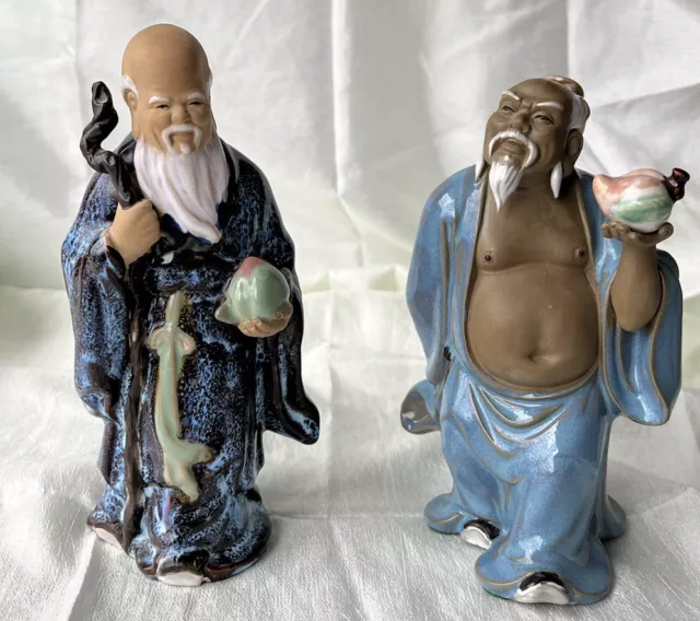 Shiwain Mudman Set Of 2 Longevity Figurines Including Shou Lao/Shou Xing Vintage