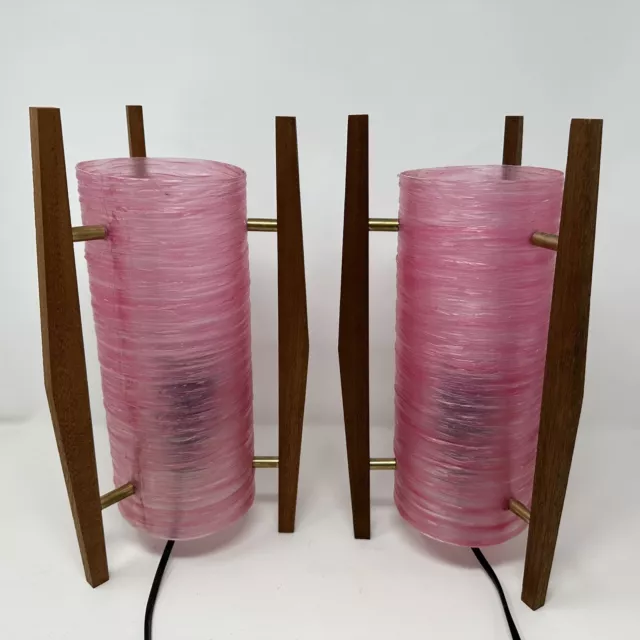 Pink Pair Rocket Lamps Fiberglass Teak  New Old Stock Mid Century Atomic