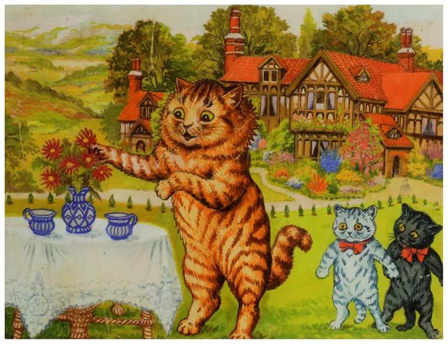 Tea Party on the Lawn Louis Wain cat print in 11 x 14 inch mount SUPERB