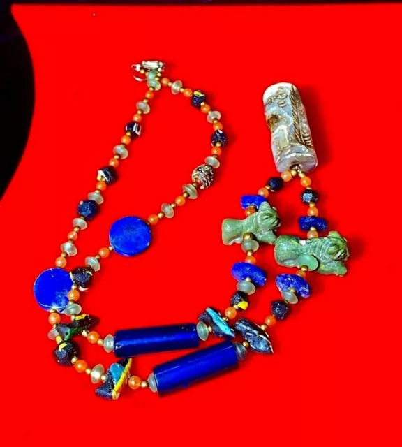 ancient carved lapis sealed with old glass venetian agate bead necklace