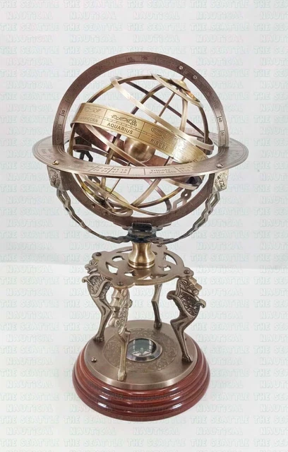 Ancien Globe Armillaire Gravé En Laiton Avec Boussole – Reproduction Vintage Faite Main