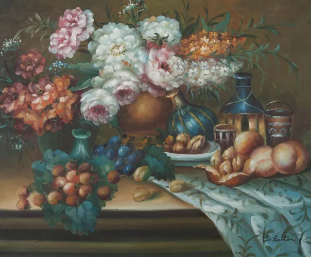 S. Easton - 20th Century Oil, Still Life with Flowers and Fruit 2
