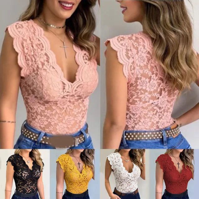 Womens V Neck Lace Sexy Tank Tops Ladies Slim Fit Stretch Vest Shirt Size 6-16↷