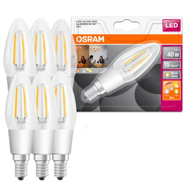 6 x Osram LED Filament Kerze 5W = 40W E14 klar warm Glowdim 2200K-2700K DIMMBAR