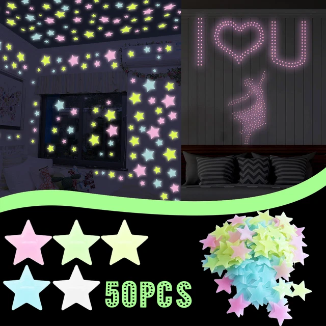 *50 pegatinas de pared de copo de nieve fluorescentes para dormitorio infantil que brillan en la oscuridad-