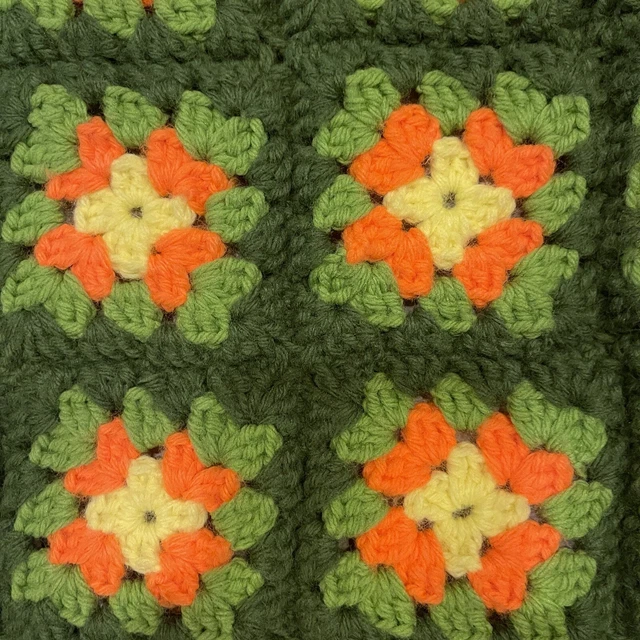 Vintage Granny Square Afghan Handmade Crochet Green Blanket Throw 36" x 48"