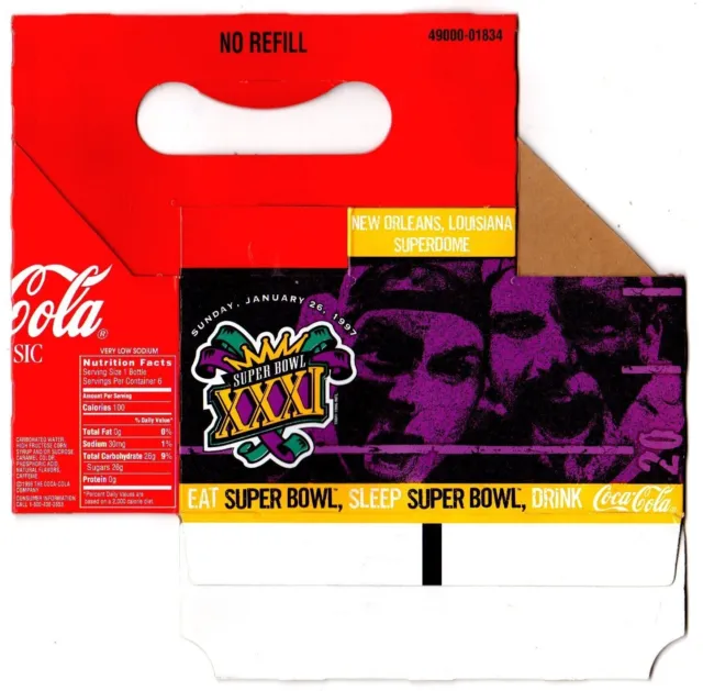 1997 Super Bowl XXXI Coca Cola carton for 8 oz. 6 Pack (g1