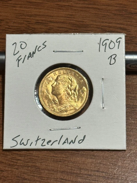 1909-B Swiss 20 Francs Switzerland Gold Coin Free Shipping 1909-B Swiss 20 Francs Switzerland Gold Coin Free Shipping