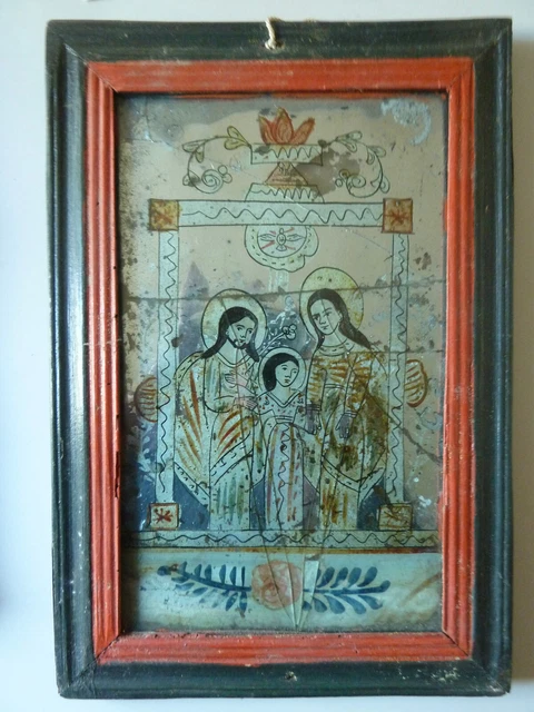Votivbild, Hinterglasmalerei auf Spiegelglas, 19. Jh., Hl. Familie, 33x22cm