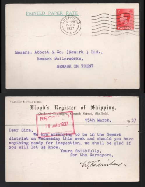 1937 1d KEVIII Lloyds Register of Shipping Sheffield Postcard