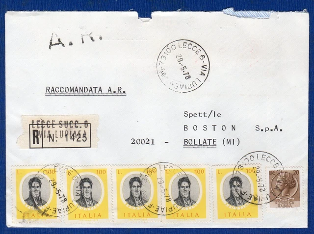 ITALIA-BUSTA RACC. A.R. AFF. con 20 L. SIR+5x100 L. SPONTINI da LECCE il 29-5-78