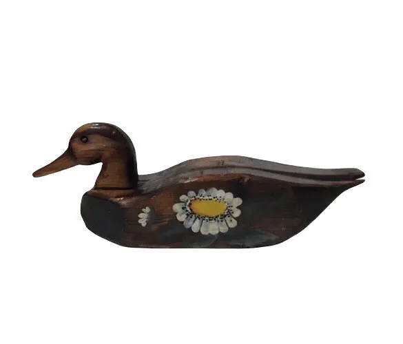 Vintage Wood Carved Handmade Hand Painted Duck With Flower Design