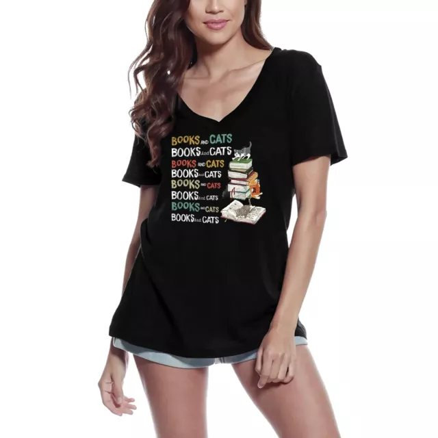 Camiseta de Cuello V para Mujer Libros Y Gatos - Amante De Los Libros De Gatitos