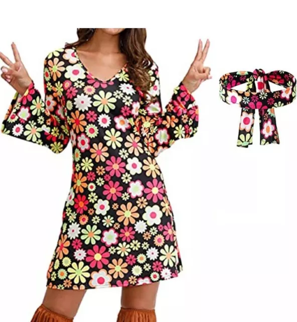 Women 60s 70s Hippy Flower Fancy Dress Ladies Hippie Costume Flares Adult Outfit