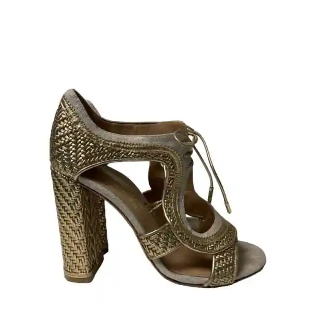 SALVATORE FERRAGAMO Gold Metallic Leather Edith Twist Sandals Block Heels 8