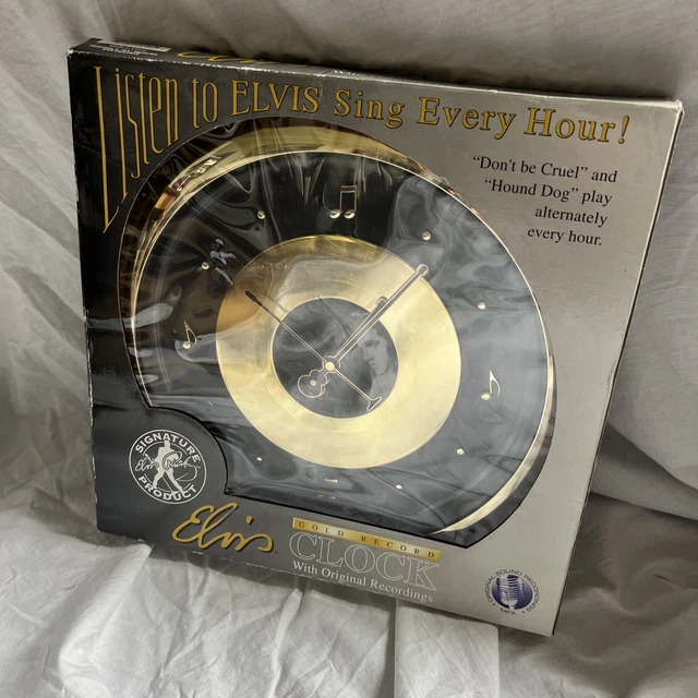 ELVIS PRESLEY GOLD Record Clock Sings Every Hour Working Boxed 2003