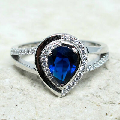 Pretty 1 Ct Pear Sapphire Blue 925 Sterling Silver Ring Size 5-10