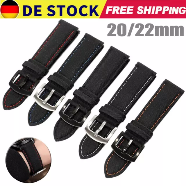 Premium Uhrband Leder Canvas 20 22 mm Schwarz Ersatzband Band Strap Uhrenarmband